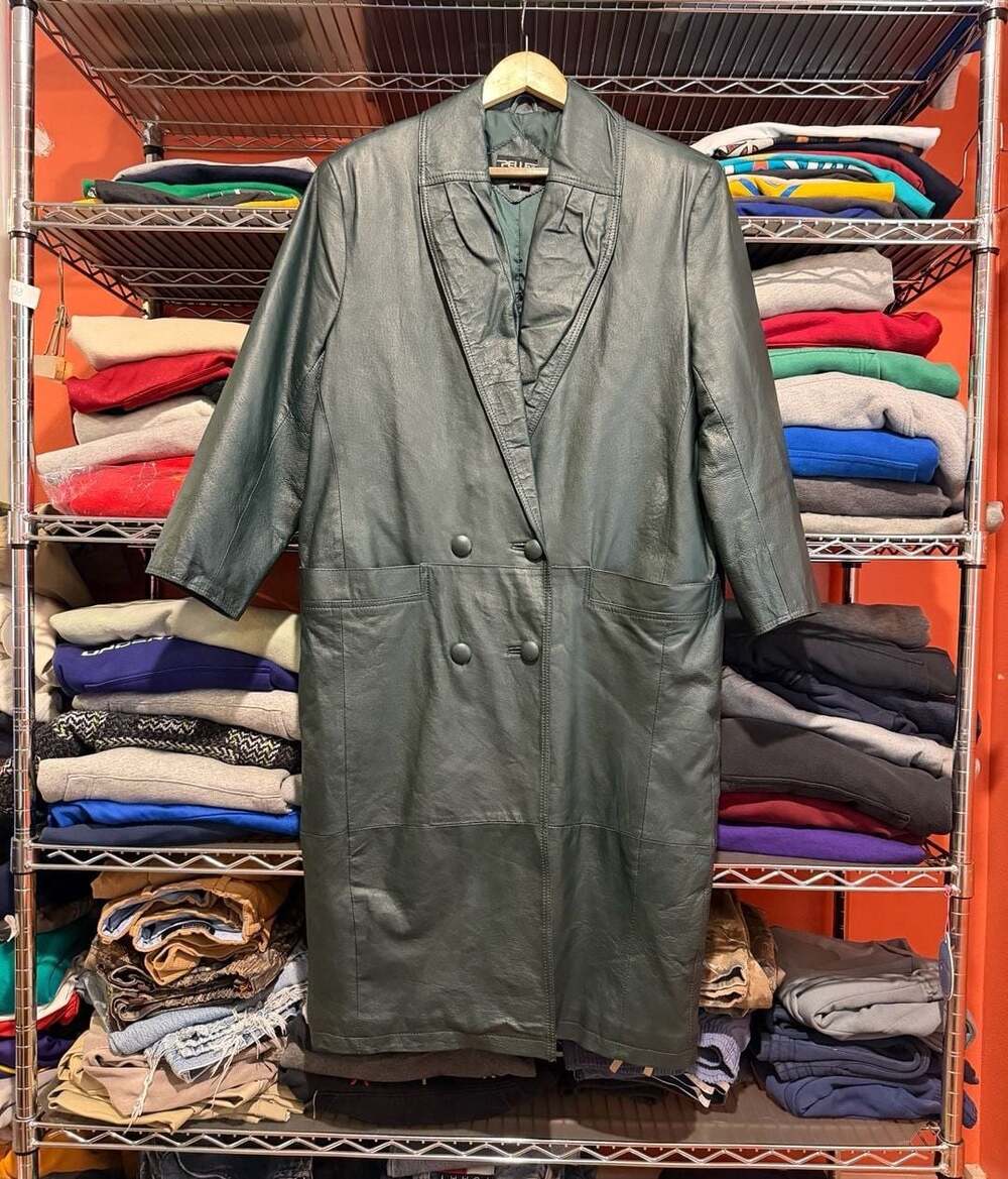 Vintage Pelle New York Milano Dark Green Leather Long Trench Coat Size Small
